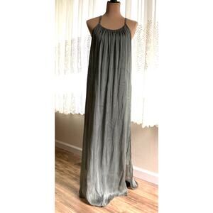 Meo Meli Silk Blend Maxi Slip Dress Gray Sage Green OS? Slit Lined Italy Goddess